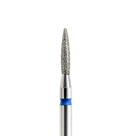 Embout diamant KMIZ forme flamme, grain moyen bleu, Ø 1,8 mm, vue rapprochée.