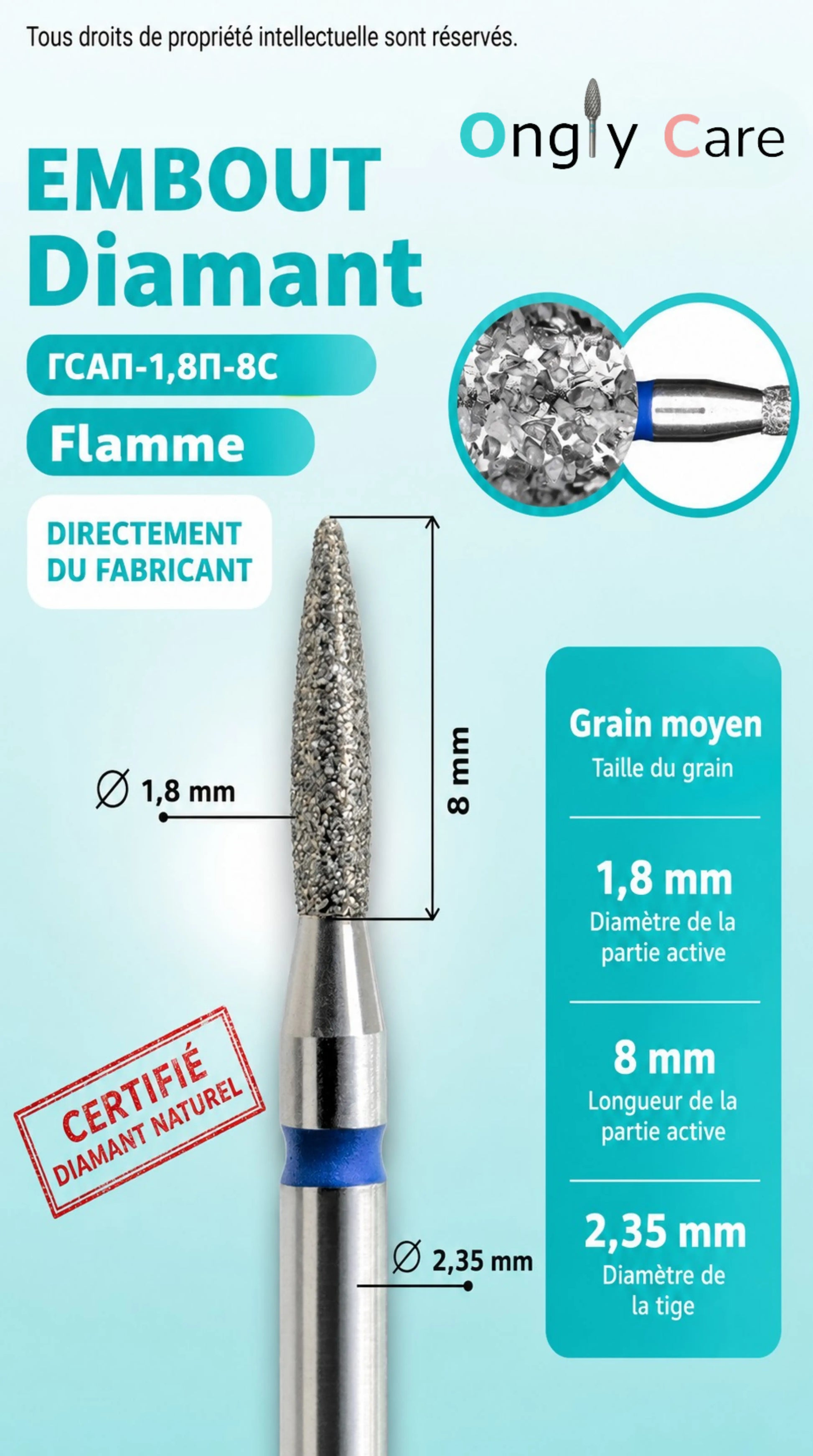 Infographie de l’embout diamant KMIZ Flamme Ø 1,8 mm, grain moyen, partie active de 8 mm et tige de 2,35 mm.