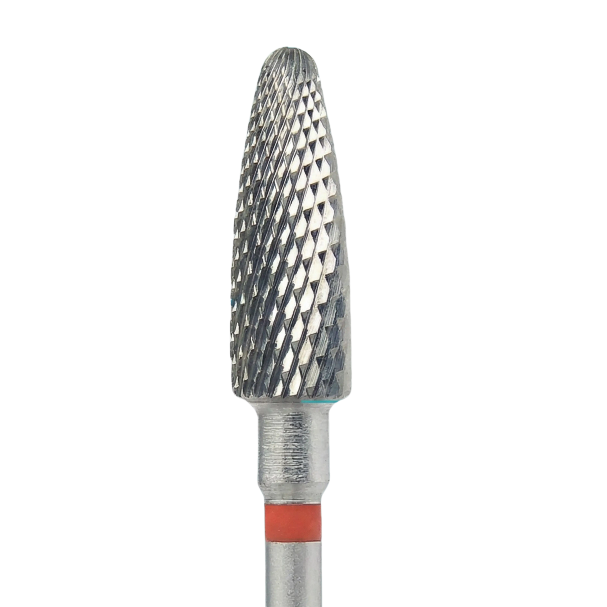 Gros plan d’une fraise/embout de ponceuse en carbure forme parabole, grain fin (bague rouge)