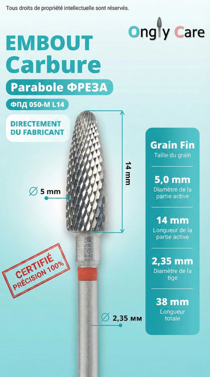Infographie Ongly Care de l’embout carbure parabole grain fin : Ø 5 mm, longueur active 14 mm, tige 2,35 mm, longueur totale 38 mm.