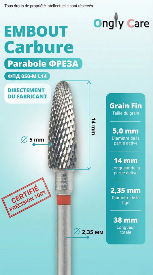 Infographie Ongly Care de l’embout carbure parabole grain fin : Ø 5 mm, longueur active 14 mm, tige 2,35 mm, longueur totale 38 mm.