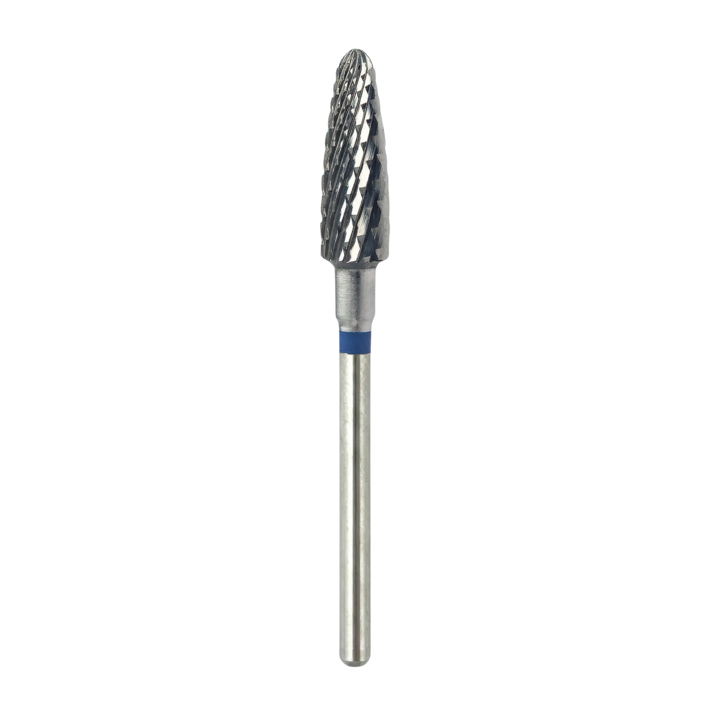 Vue complète d'un embout de ponceuse à ongles professionnel en carbure, forme conique "maïs" avec une tige métallique longue et un repère bleu indiquant un grain moyen, sur fond blanc.