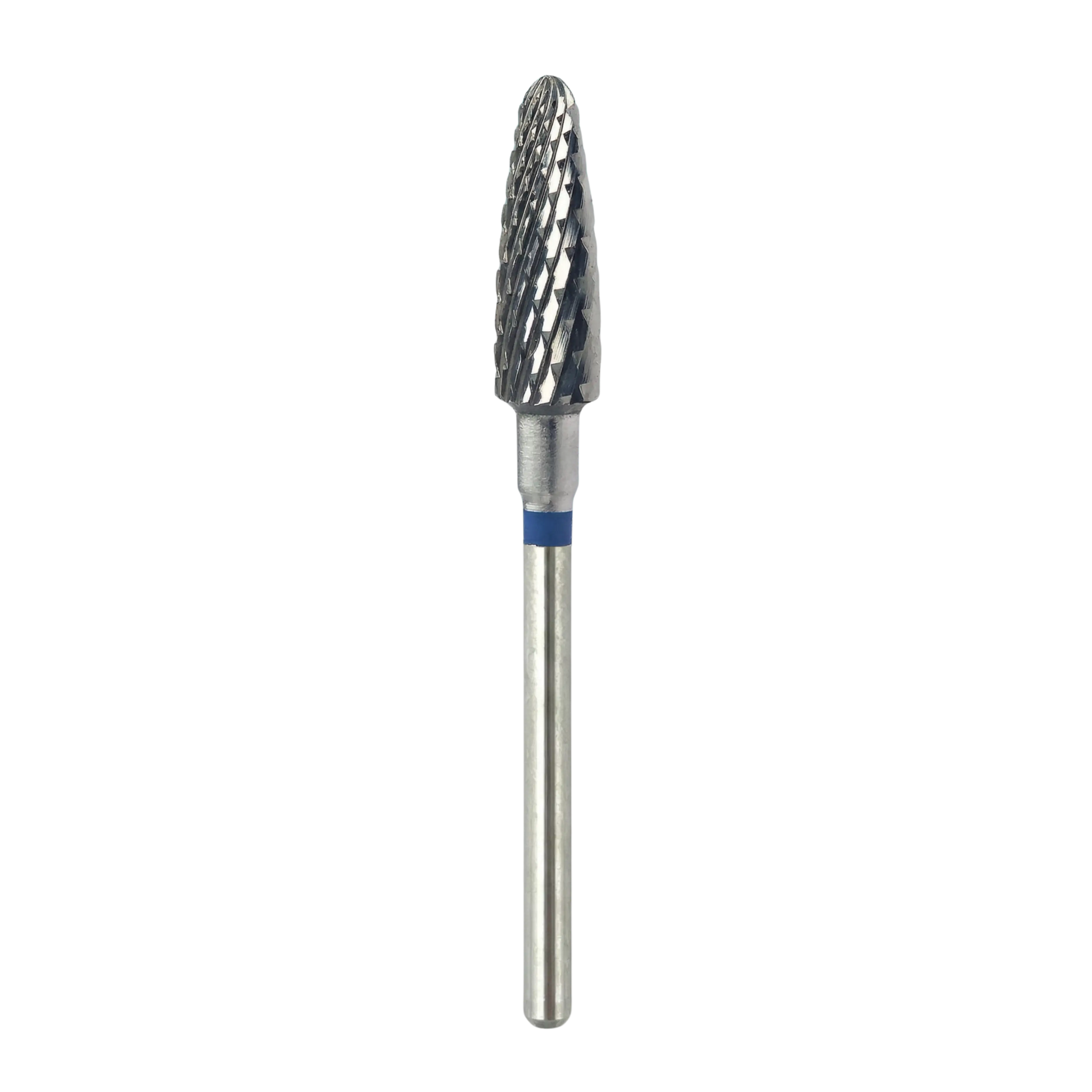 Vue complète d'un embout de ponceuse à ongles professionnel en carbure, forme conique "maïs" avec une tige métallique longue et un repère bleu indiquant un grain moyen, sur fond blanc.