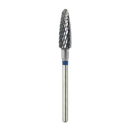 Vue complète d'un embout de ponceuse à ongles professionnel en carbure, forme conique "maïs" avec une tige métallique longue et un repère bleu indiquant un grain moyen, sur fond blanc.