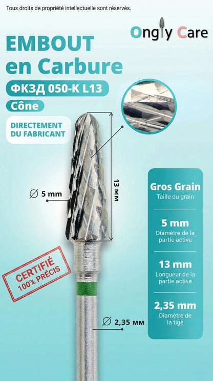 Infographie technique d'un embout en carbure Ongly Care de forme cône : gros grain (bague verte), diamètre de la partie active de 5 mm, longueur de la tête de 13 mm et tige standard de 2,35 mm.