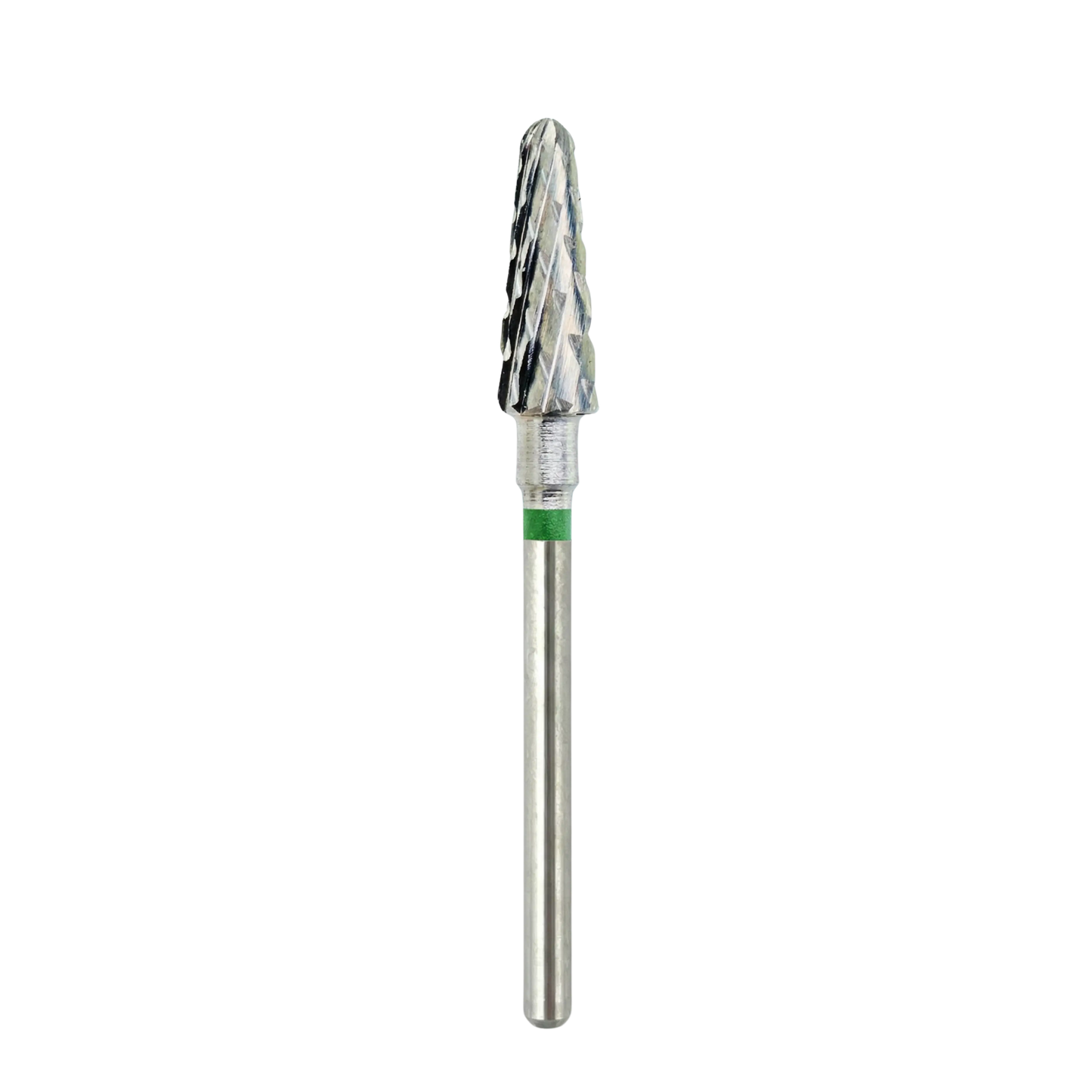 Vue globale d'un embout de ponceuse pour ongles en carbure de forme conique, montrant la tête de fraisage croisée, la bague verte de gros grain et la tige métallique complète.