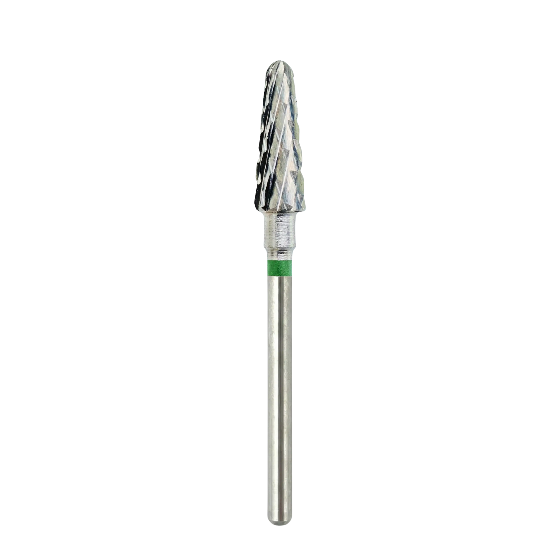 Vue globale d'un embout de ponceuse pour ongles en carbure de forme conique, montrant la tête de fraisage croisée, la bague verte de gros grain et la tige métallique complète.