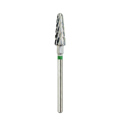 Vue globale d'un embout de ponceuse pour ongles en carbure de forme conique, montrant la tête de fraisage croisée, la bague verte de gros grain et la tige métallique complète.