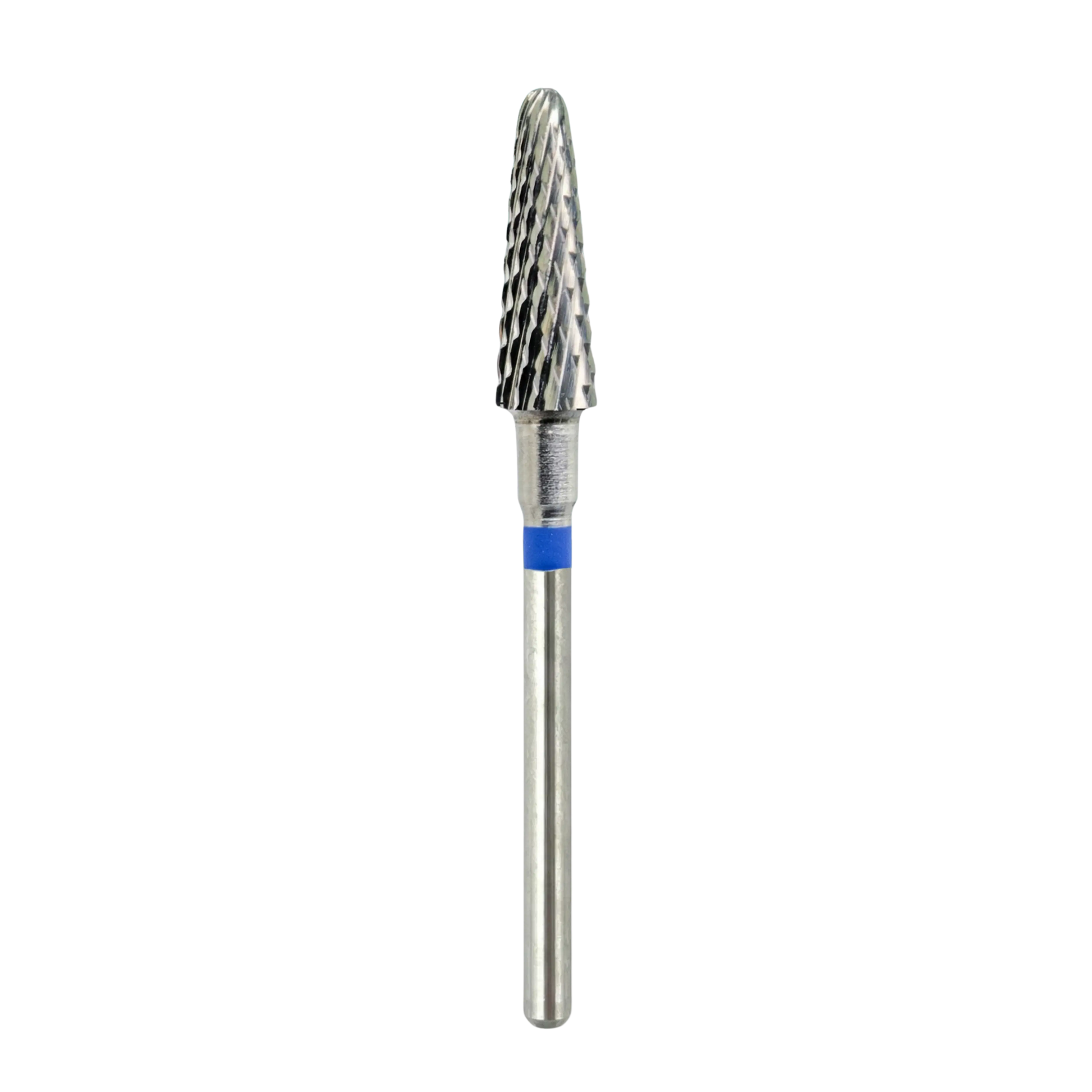 Vue d'ensemble d'un embout de ponceuse à ongles en carbure, de forme conique avec sa longue tige métallique et un anneau bleu indiquant un grain moyen, présenté sur fond blanc.
