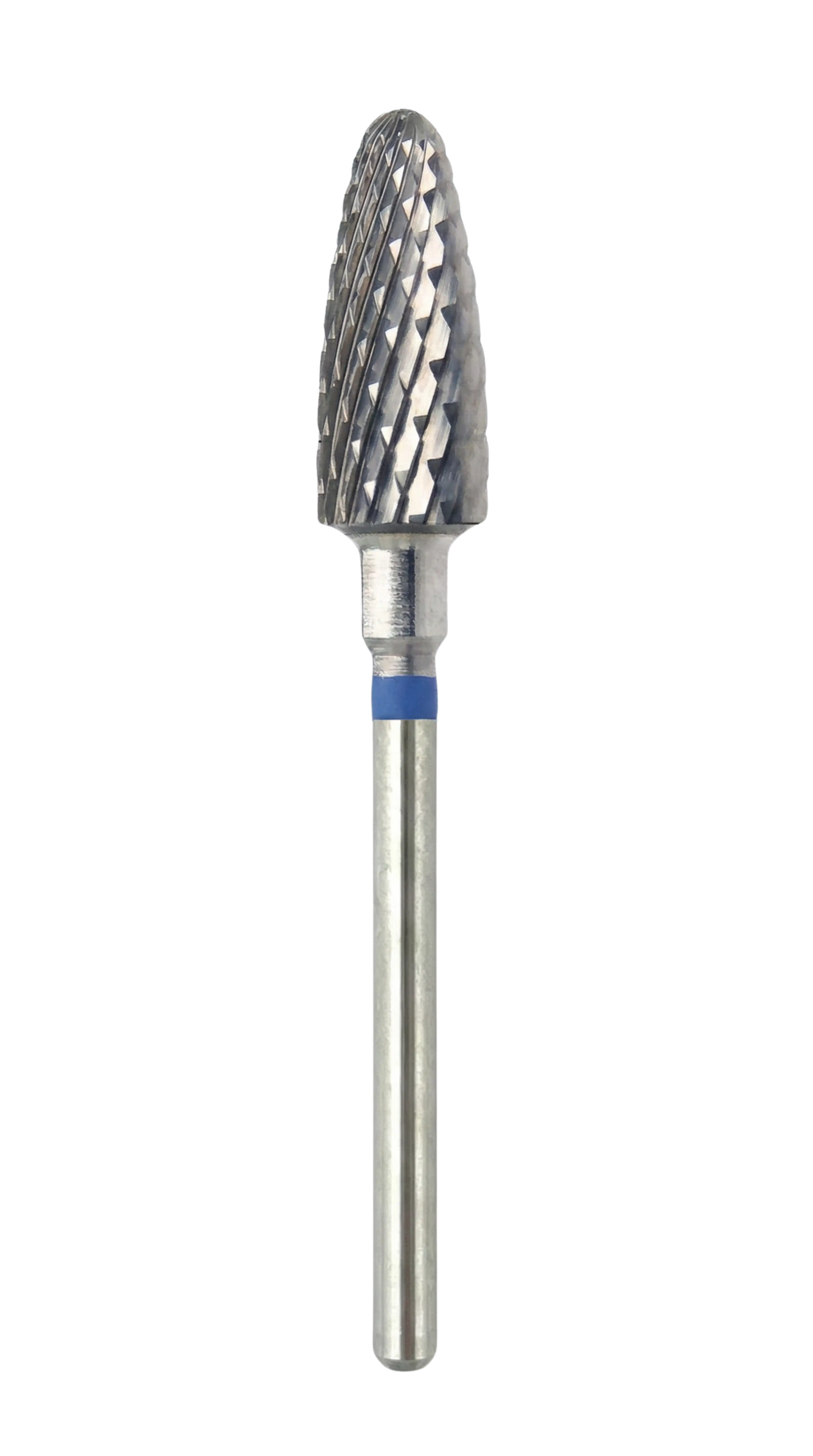 Embout de ponceuse en carbure de tungstène forme maïs avec anneau bleu (grain moyen), photo produit en entier.