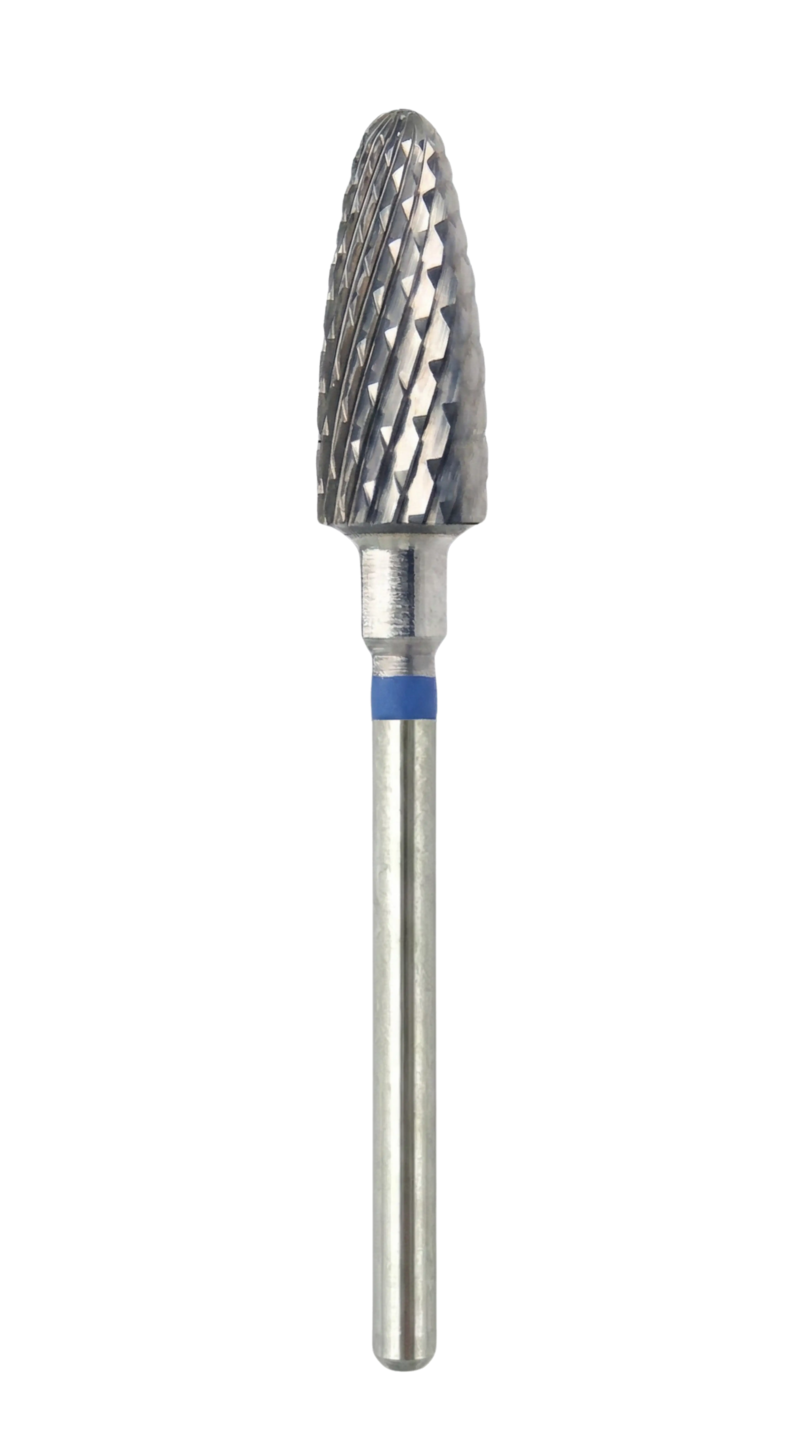 Embout de ponceuse en carbure de tungstène forme maïs avec anneau bleu (grain moyen), photo produit en entier.