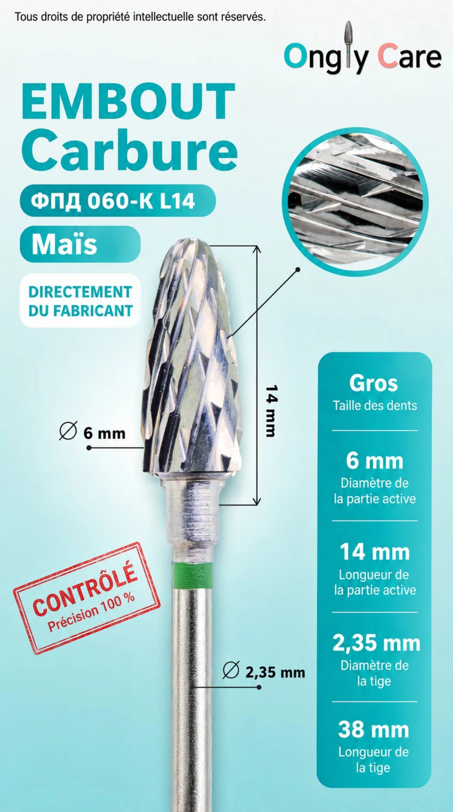 Visuel technique de l’embout en carbure KMIZ 060-K L14, diamètre 6 mm, longueur 14 mm, tige 2,35 mm et longueur de tige 38 mm.