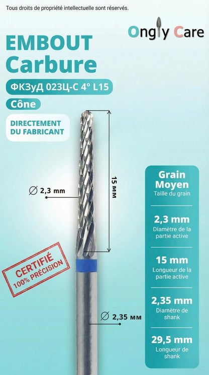 Infographie technique d'un embout en carbure Ongly Care. Elle détaille les dimensions d'un embout conique à grain moyen (bague bleue) : diamètre de la partie active de 2,3 mm, longueur active de 15 mm, diamètre de la tige de 2,35 mm et longueur de la tige de 29,5 mm.