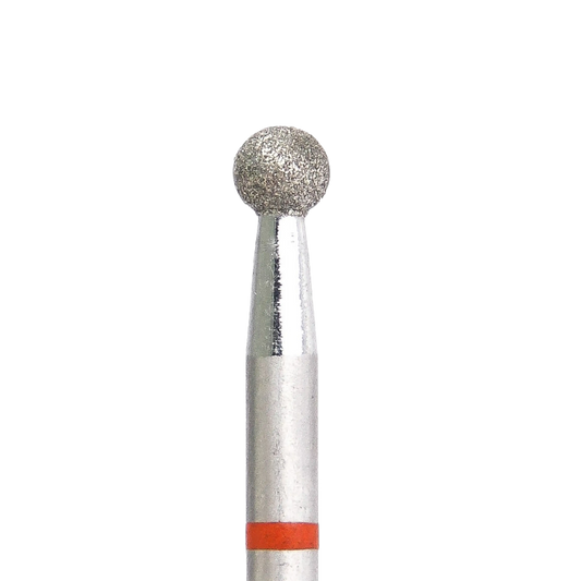 Embout de ponceuse diamanté forme boule Ø 3,1 mm, grain fin, avec bague rouge, pour un travail précis de l’ongle.