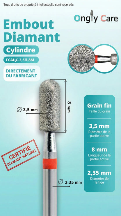 Infographie de l’embout diamant cylindre (grain fin) indiquant les dimensions : Ø 3,5 mm, longueur active 8 mm et tige Ø 2,35 mm.