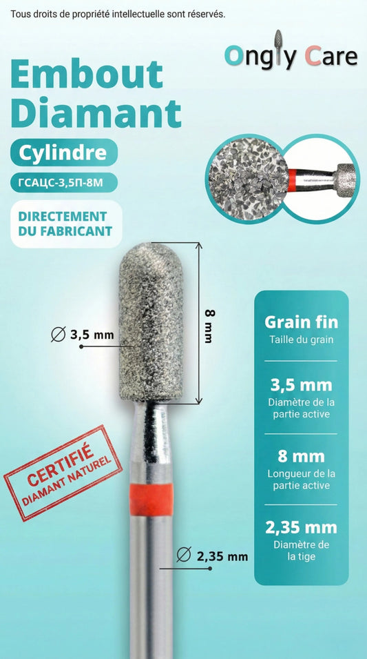 Infographie de l’embout diamant cylindre (grain fin) indiquant les dimensions : Ø 3,5 mm, longueur active 8 mm et tige Ø 2,35 mm.