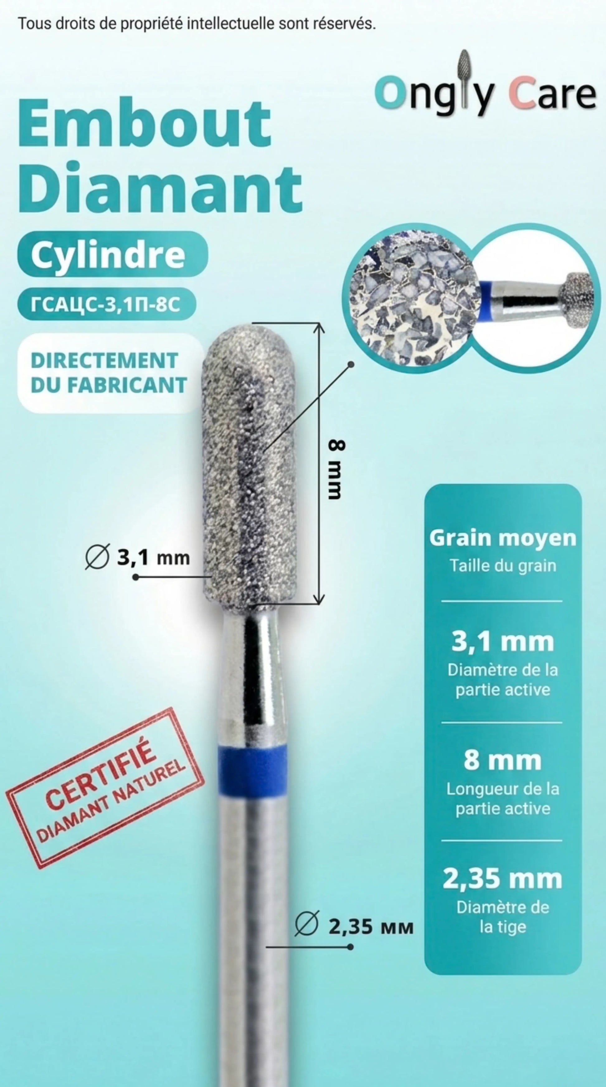 Infographie de l’embout diamant cylindre (grain moyen) indiquant les dimensions : Ø 3,1 mm, longueur active 8 mm et tige Ø 2,35 mm.