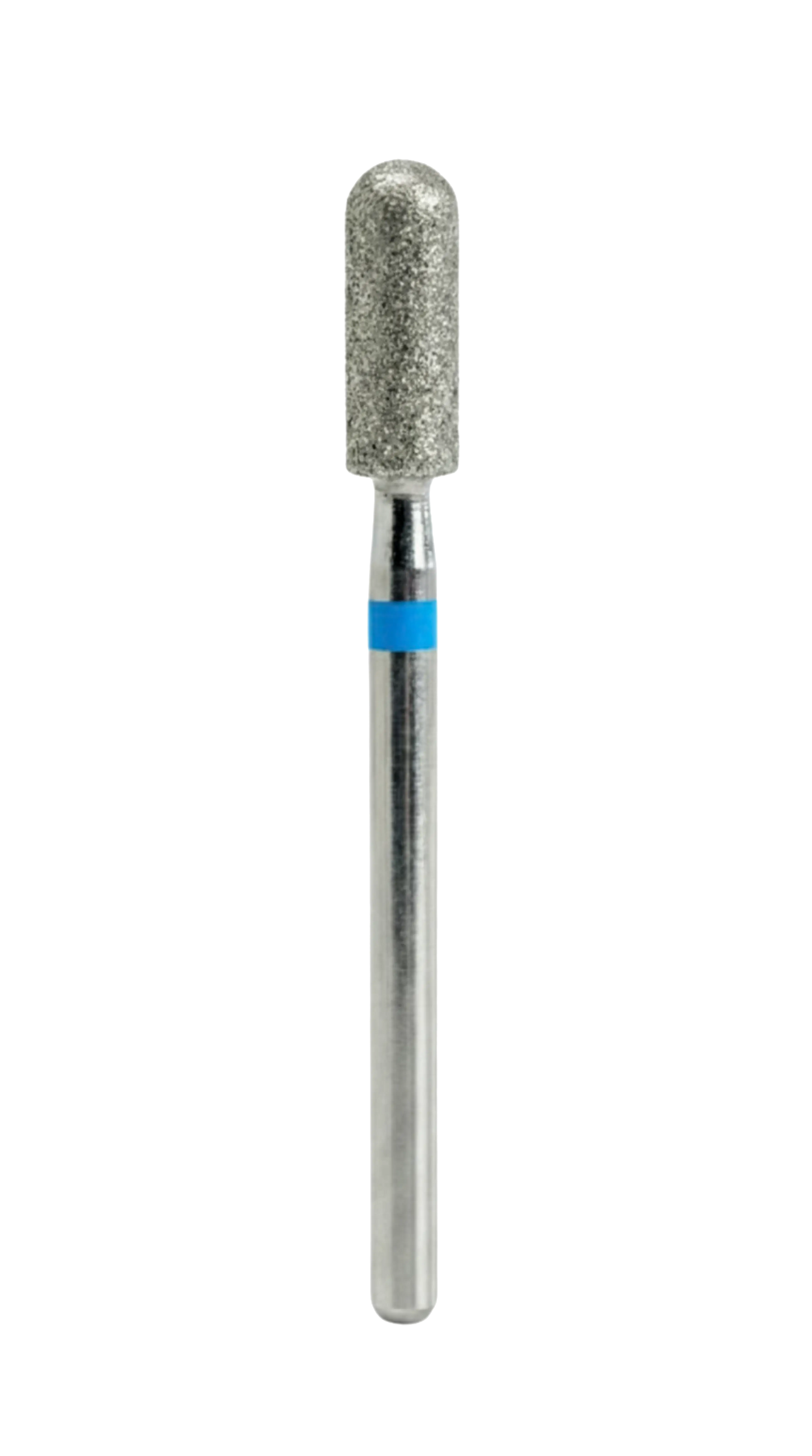 Embout diamant cylindre avec bague bleue sur fond noir, pour un travail régulier et contrôlé sur l’ongle.