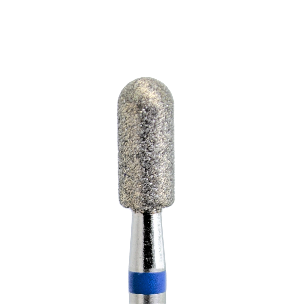 Embout de ponceuse diamanté forme cylindre Ø 3,5 mm, longueur 8 mm, grain moyen, avec bague bleue, pour le travail de surface et la préparation de l’ongle.