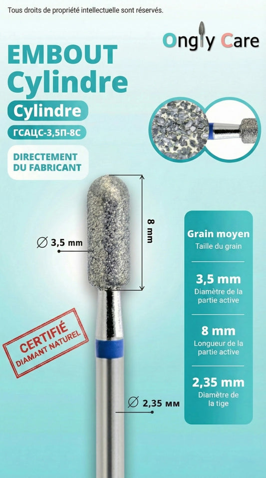 Infographie Ongly Care de l’embout diamant cylindre KMIZ Ø 3,5 mm grain moyen, longueur 8 mm, tige 2,35 mm, avec zoom sur le grain.