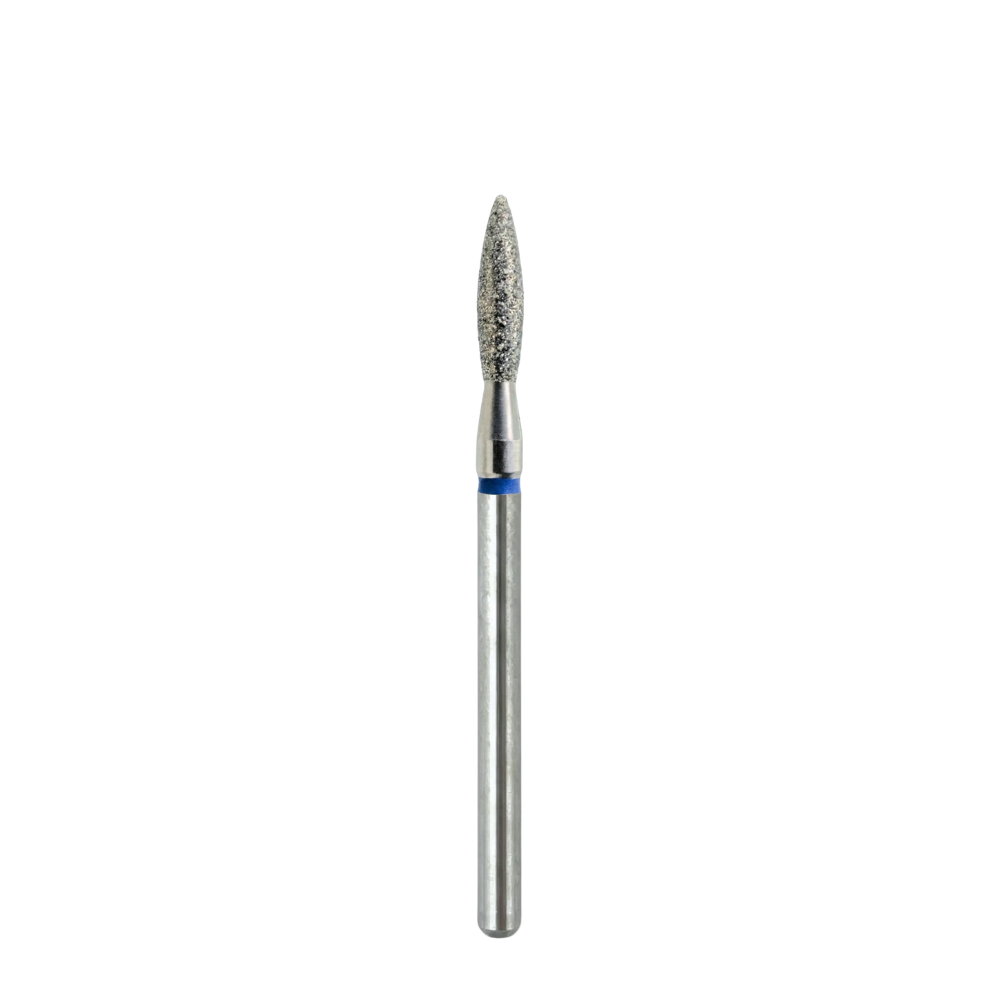 Vue d'ensemble d'un embout de ponceuse à ongles diamanté en forme de flamme. L'image montre l'outil dans son intégralité, avec sa tête abrasive, sa bague bleue et sa tige métallique de fixation.