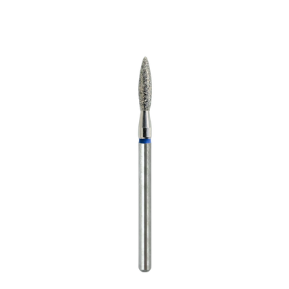 Vue d'ensemble d'un embout de ponceuse à ongles diamanté en forme de flamme. L'image montre l'outil dans son intégralité, avec sa tête abrasive, sa bague bleue et sa tige métallique de fixation.