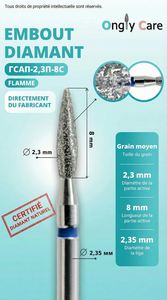 Infographie descriptive d'un embout diamant en forme de flamme de la marque Ongly Care. L'image détaille ses dimensions : 8 mm de longueur pour la partie active, 2,3 mm de diamètre pour la tête, et 2,35 mm pour le diamètre de la tige. Un panneau latéral indique "Grain moyen" (correspondant à la bague bleue), et un tampon rouge précise "Certifié diamant naturel". Une bulle loupe montre les grains de diamant en très gros plan.