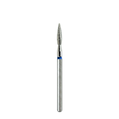 Vue complète et isolée d'un embout métallique pour ponceuse à ongles sur fond blanc, montrant toute la longueur de la tige lisse et la tête en forme de flamme diamantée ornée d'une bague bleue.