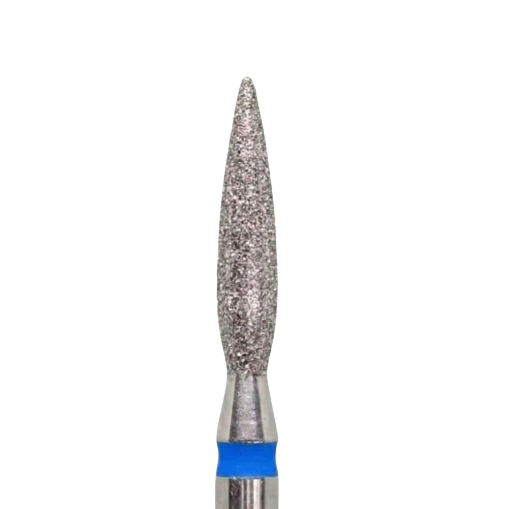 Embout diamant forme flamme avec bague bleue, idéal pour travailler les cuticules et les contours de l’ongle.