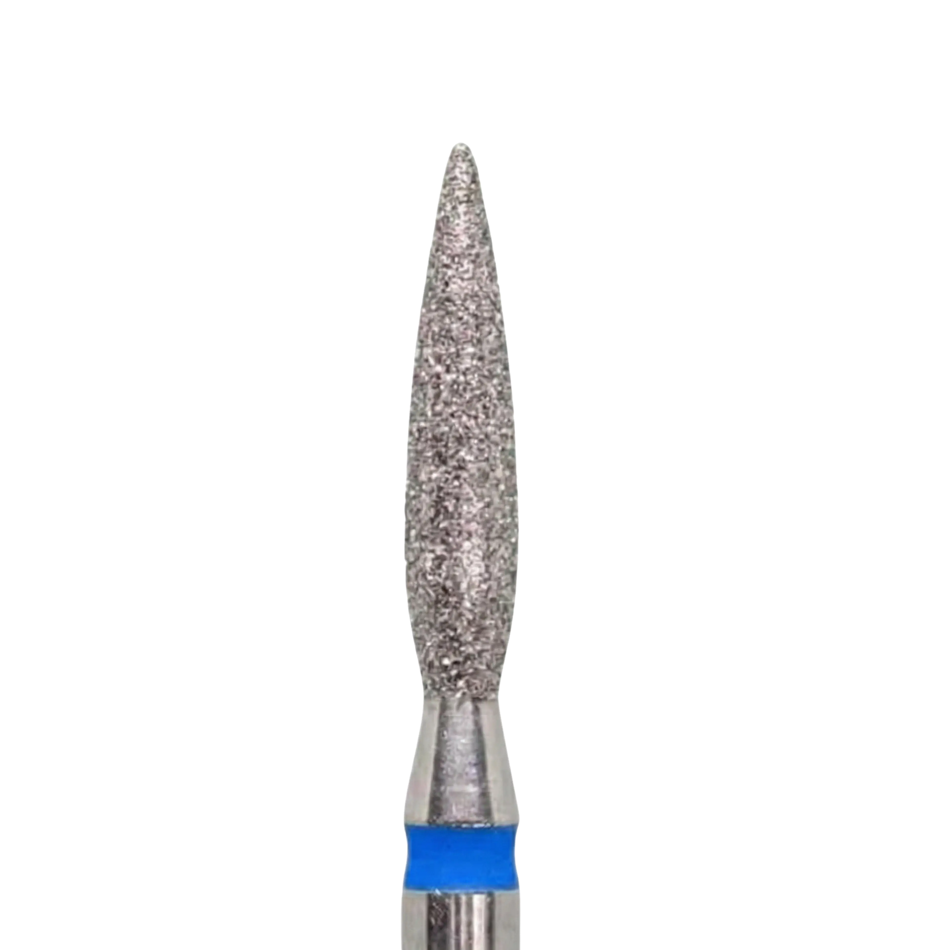Embout diamant forme flamme avec bague bleue, idéal pour travailler les cuticules et les contours de l’ongle.