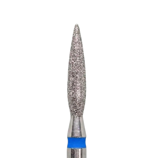 Embout diamant forme flamme avec bague bleue, idéal pour travailler les cuticules et les contours de l’ongle.