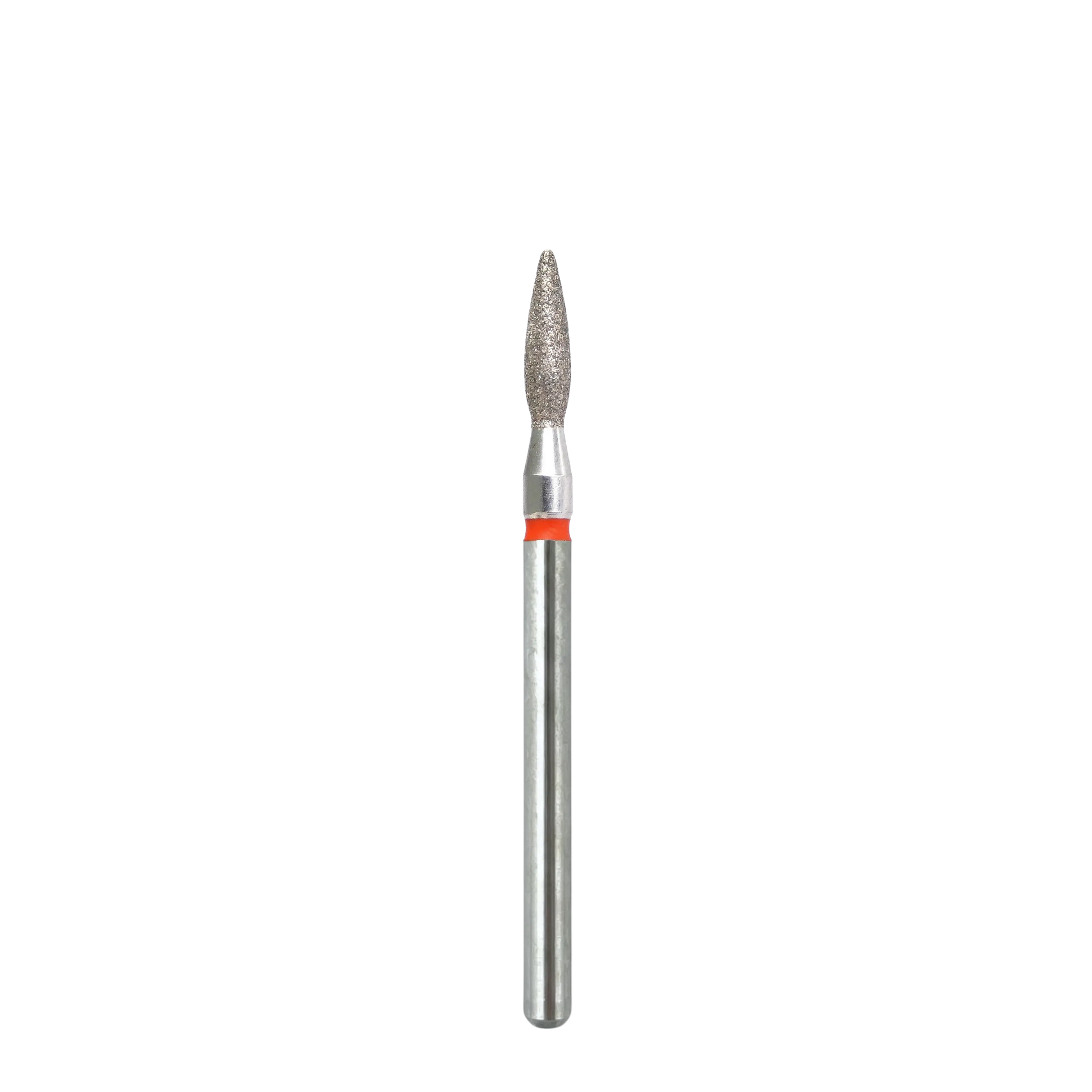 Vue d'ensemble sur fond blanc d'un embout de ponceuse à ongles diamant en forme de flamme, montrant la tige métallique de fixation, la bague rouge de grain fin, et la pointe abrasive effilée.