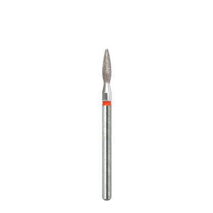 Vue d'ensemble sur fond blanc d'un embout de ponceuse à ongles diamant en forme de flamme, montrant la tige métallique de fixation, la bague rouge de grain fin, et la pointe abrasive effilée.