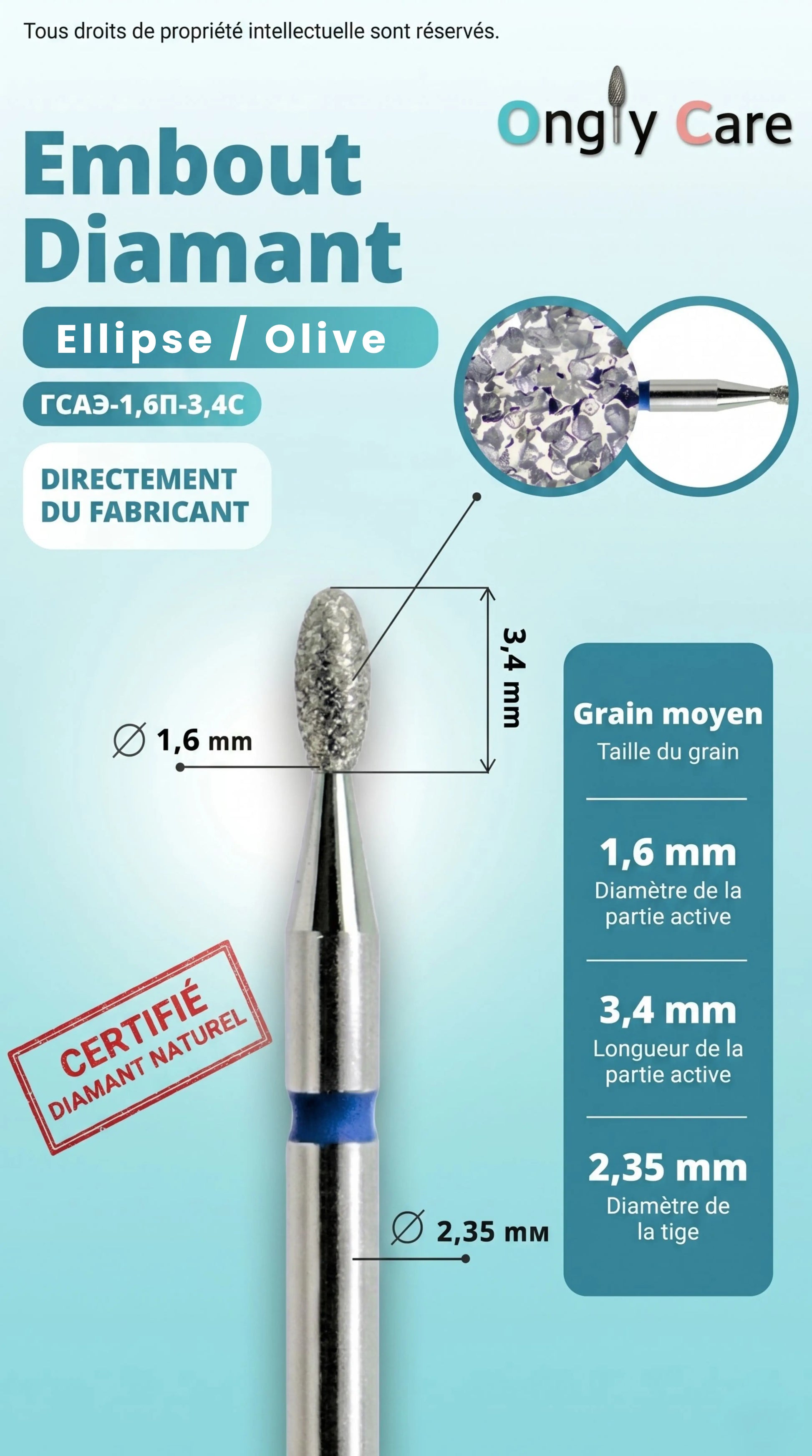 Fiche technique OnglyCare de l’embout diamant Olive KMIZ Ø1,6 mm grain moyen avec dimensions 1,6 x 3,4 mm.