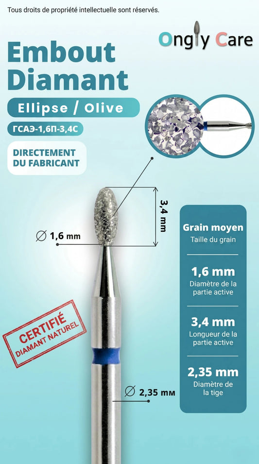 Fiche technique OnglyCare de l’embout diamant Olive KMIZ Ø1,6 mm grain moyen avec dimensions 1,6 x 3,4 mm.