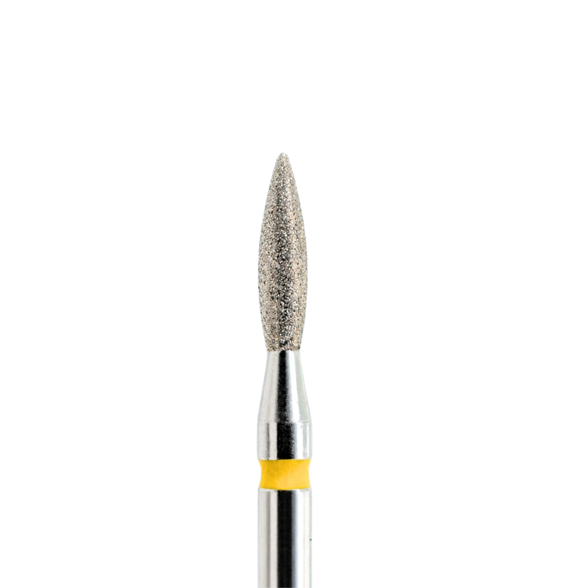Embout diamant KMIZ forme flamme, grain très fin jaune, Ø 2,1 mm, vue rapprochée.