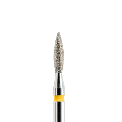 Embout diamant KMIZ forme flamme, grain très fin jaune, Ø 2,1 mm, vue rapprochée.