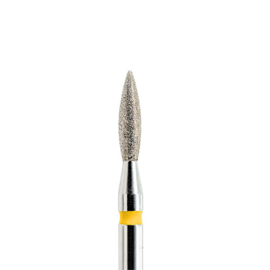 Embout diamant KMIZ forme flamme, grain très fin jaune, Ø 2,1 mm, vue rapprochée.