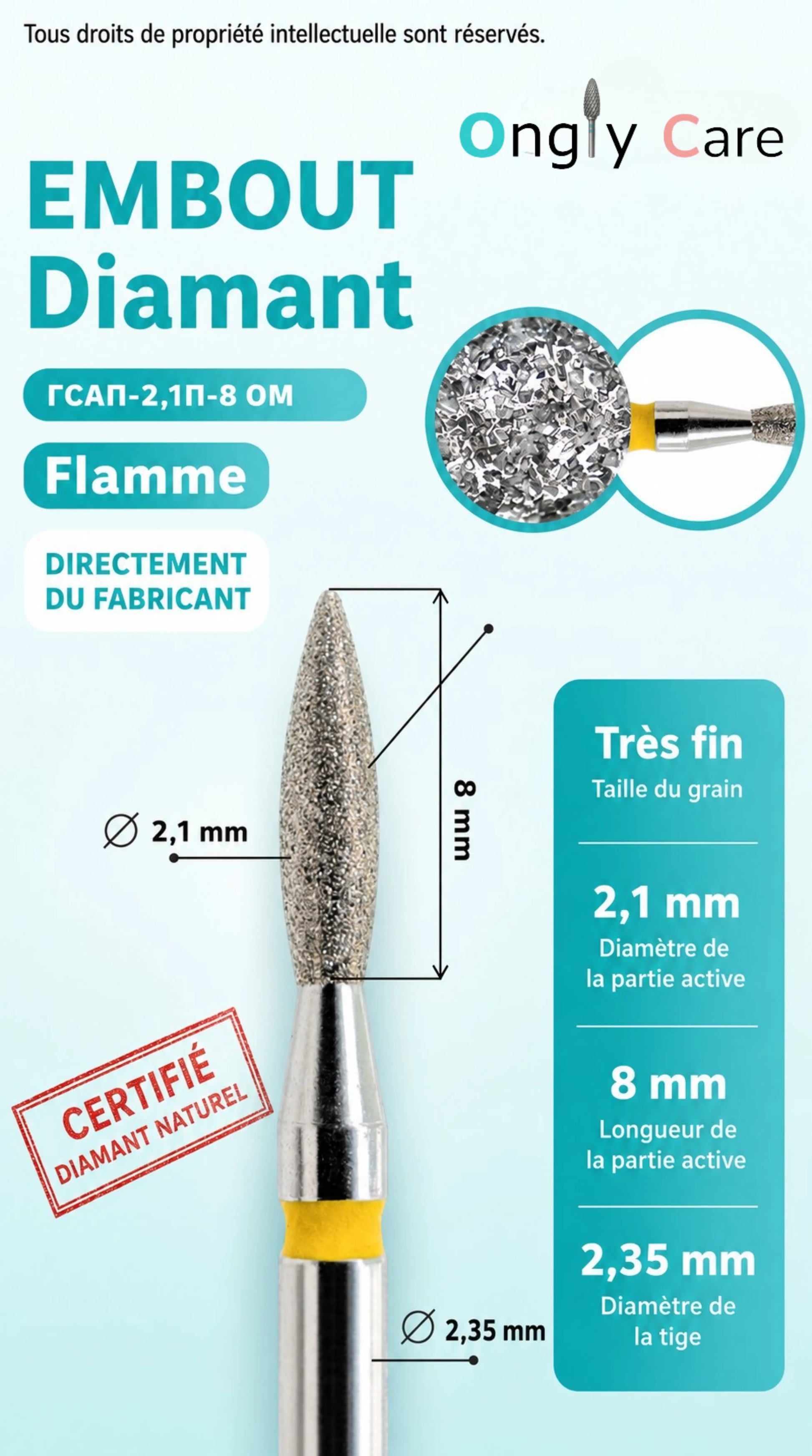 Infographie de l’embout diamant KMIZ Flamme Ø 2,1 mm, grain très fin, partie active de 8 mm et tige de 2,35 mm.