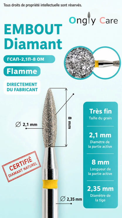 Infographie de l’embout diamant KMIZ Flamme Ø 2,1 mm, grain très fin, partie active de 8 mm et tige de 2,35 mm.
