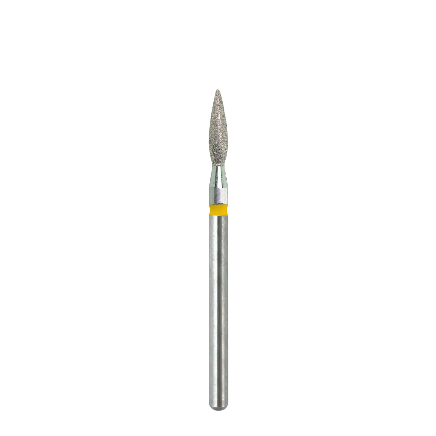 Vue complète et verticale d'un embout de ponceuse à ongles en diamant en forme de flamme, montrant l'intégralité de la tige métallique avec sa bague jaune.
