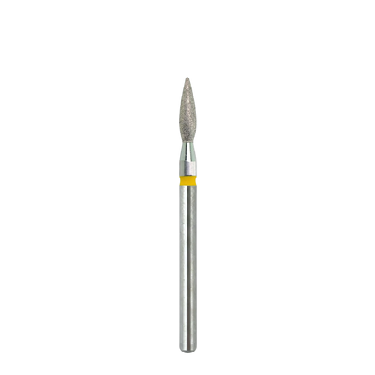 Vue complète et verticale d'un embout de ponceuse à ongles en diamant en forme de flamme, montrant l'intégralité de la tige métallique avec sa bague jaune.