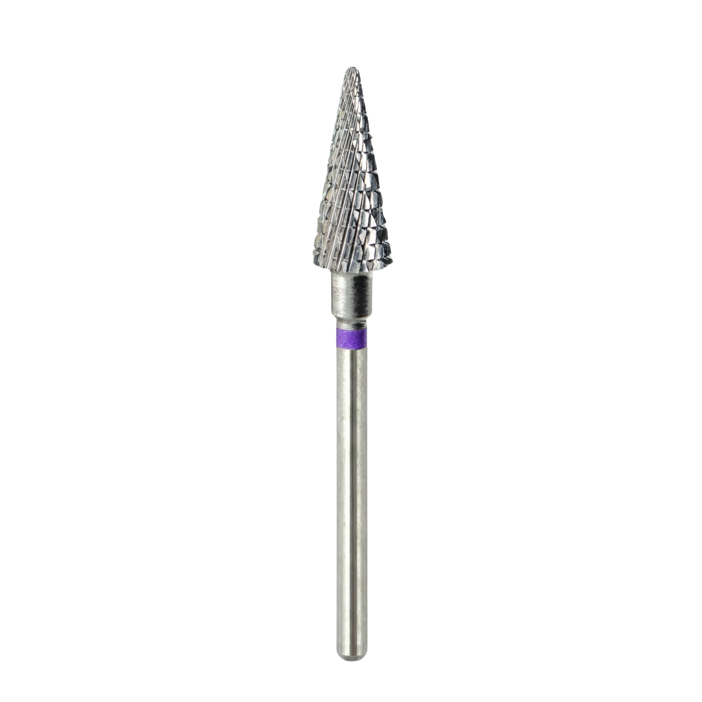 Vue d'ensemble sur fond blanc d'un embout de ponceuse à ongles en carbure. L'image montre la tête conique texturée, la bague d'identification violette et l'intégralité de la tige métallique lisse servant de fixation.