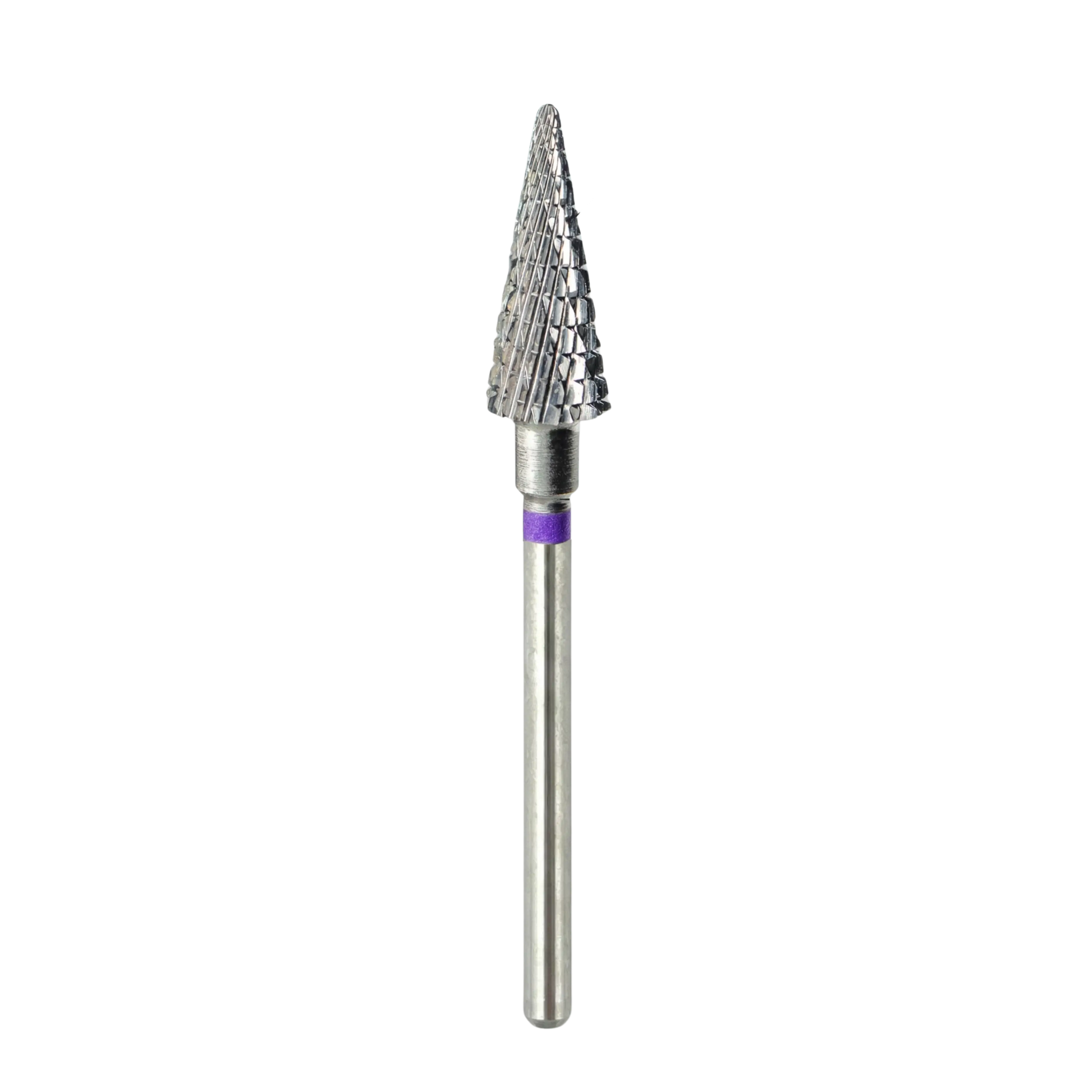 Vue d'ensemble sur fond blanc d'un embout de ponceuse à ongles en carbure. L'image montre la tête conique texturée, la bague d'identification violette et l'intégralité de la tige métallique lisse servant de fixation.