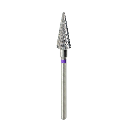 Vue d'ensemble sur fond blanc d'un embout de ponceuse à ongles en carbure. L'image montre la tête conique texturée, la bague d'identification violette et l'intégralité de la tige métallique lisse servant de fixation.