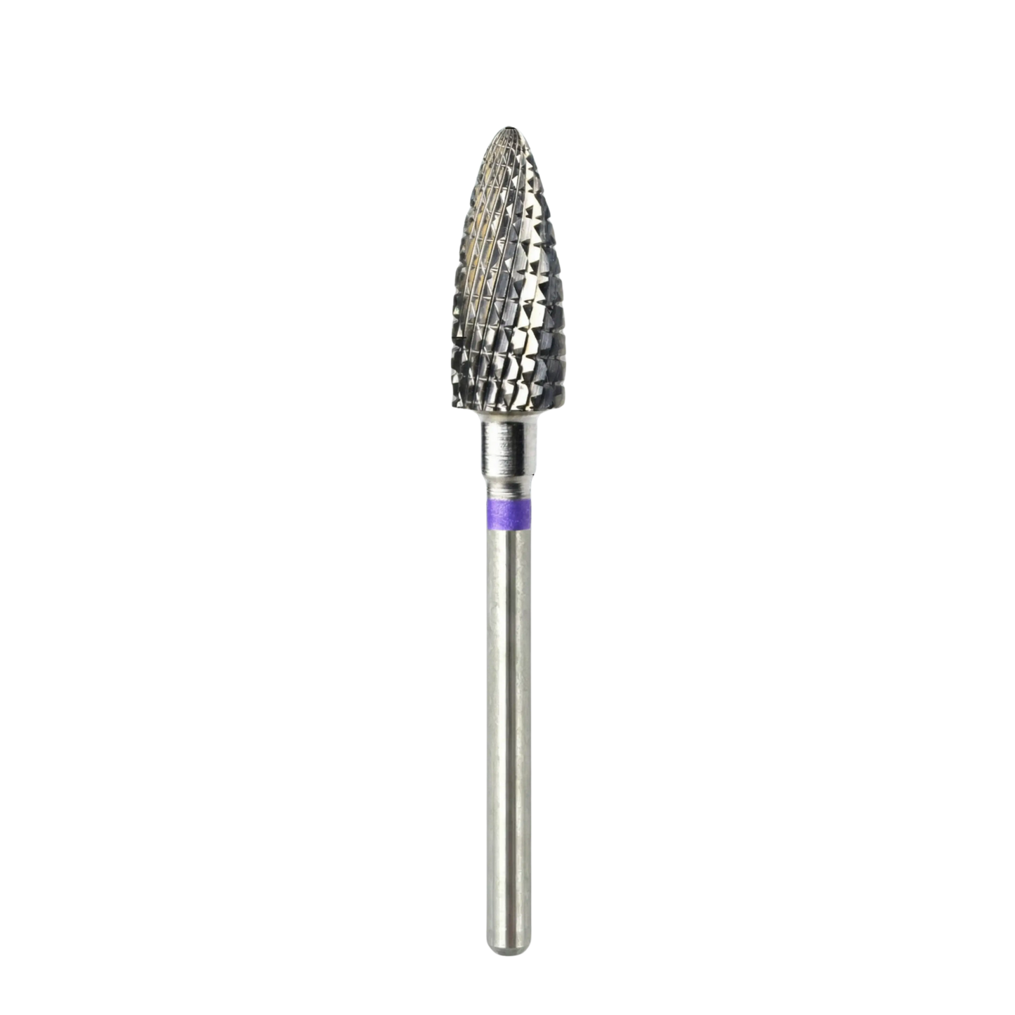 Vue complète d'un embout de ponceuse à ongles professionnel en carbure, de forme "maïs", montrant sa longue tige métallique et un anneau violet indiquant un type de triple coupe, présenté sur fond blanc.