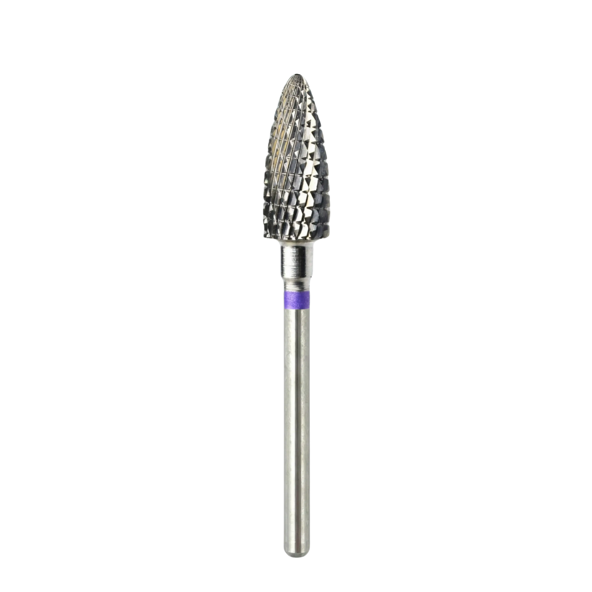 Vue complète d'un embout de ponceuse à ongles professionnel en carbure, de forme "maïs", montrant sa longue tige métallique et un anneau violet indiquant un type de triple coupe, présenté sur fond blanc.
