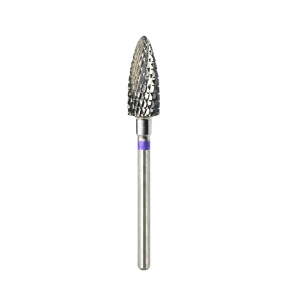 Vue complète d'un embout de ponceuse à ongles professionnel en carbure, de forme "maïs", montrant sa longue tige métallique et un anneau violet indiquant un type de triple coupe, présenté sur fond blanc.