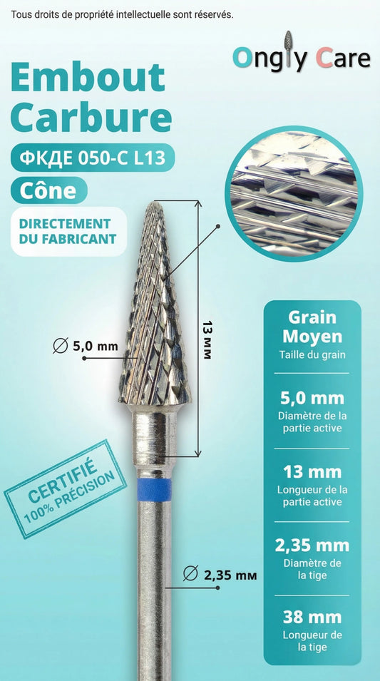 Fiche technique de l'embout carbure en cône de la marque Ongly Care. L'image détaille ses caractéristiques : grain moyen (anneau bleu), partie active de 5 mm de diamètre sur 13 mm de long, et tige de 2,35 mm de diamètre sur 38 mm de long. Un encart montre un zoom sur les lames de précision.