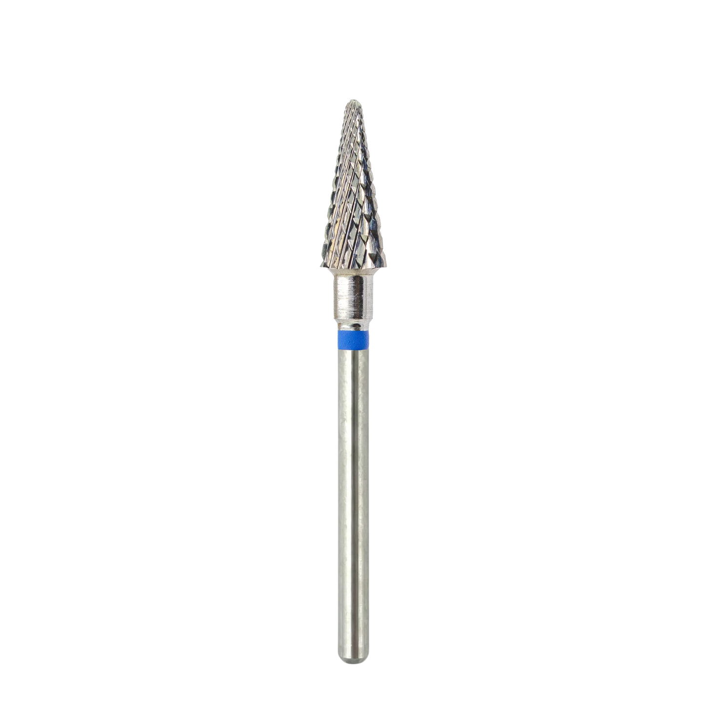 Vue complète d'un embout métallique de ponceuse à ongles sur fond blanc, montrant la tige de fixation lisse surmontée de la tête conique striée en carbure avec un anneau bleu de repérage.